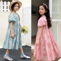 Girls floral dress summer 2023 new medium and large children's parent-child wear puff sleeve mid-length holiday cake dress