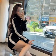 2025秋冬新款韩版立领条纹外套+半身裙短裙少女时尚气质两件套潮