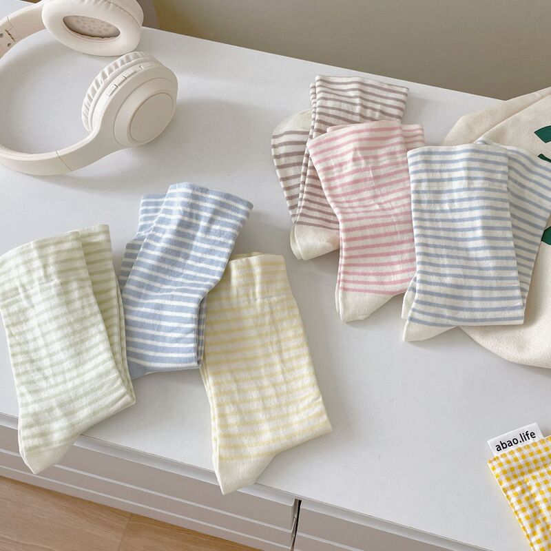 All-Match Women's Spring and Summer Japanese-Style Healing Striped Socks Ins Style Cream-Color Personalized Breathable Mid-Tube Stacked Socks
