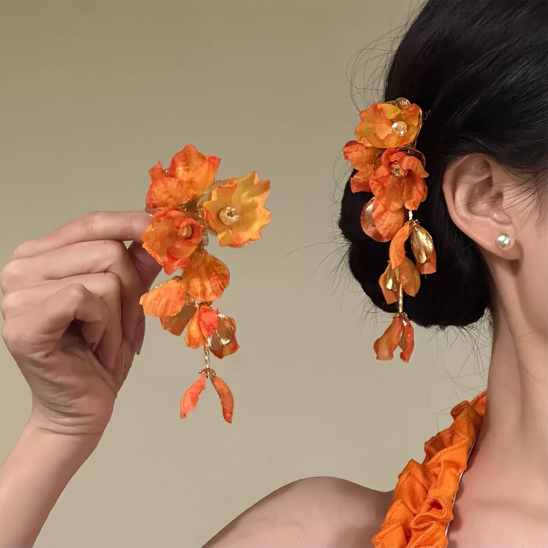 2026 Original【Flower Shadow in Spring】New Chinese-Style Orange Flower Hairpin with a Stylish Design and Elegant Side Clip
