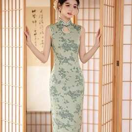 新中式改良旗袍印花镂空盘扣无袖立领连衣裙女夏季性感开衩长裙子