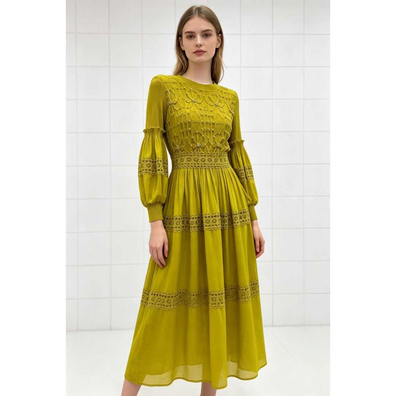 Miyake Foreign Trade Hollow Lantern Sleeve Round Neck Beaded Pleated Dress Elegant Lace Plus Size Women's Long Dress Miyake Foreign Trade Hollow Lantern Sleeve Round Neck Beaded Pleated Dress Elegant Lace Plus Size Women's Long Dress