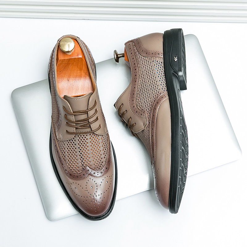 Zapatos de cuero casuales transpirables de malla de verano, zapatos de cuero nuevos de moda transfronteriza de gran tamaño para hombres, zapatos de negocios Brock huecos