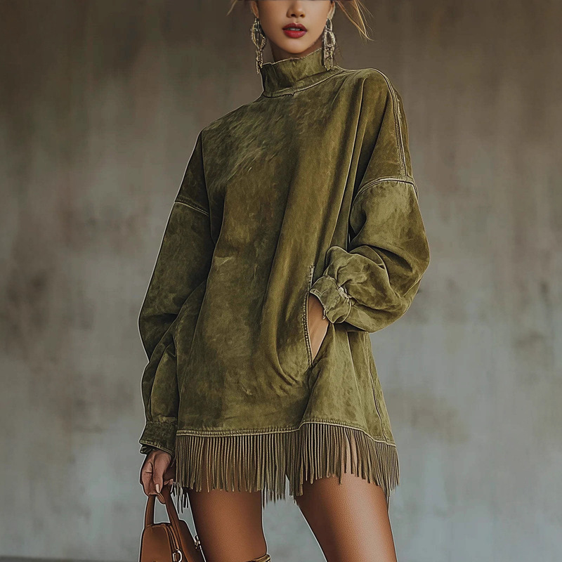 In-Stock 2025 Autumn and Winter New Amazon Independent Site High-Neck Loose Pocket Tassel Long-Sleeve Suede Dress
