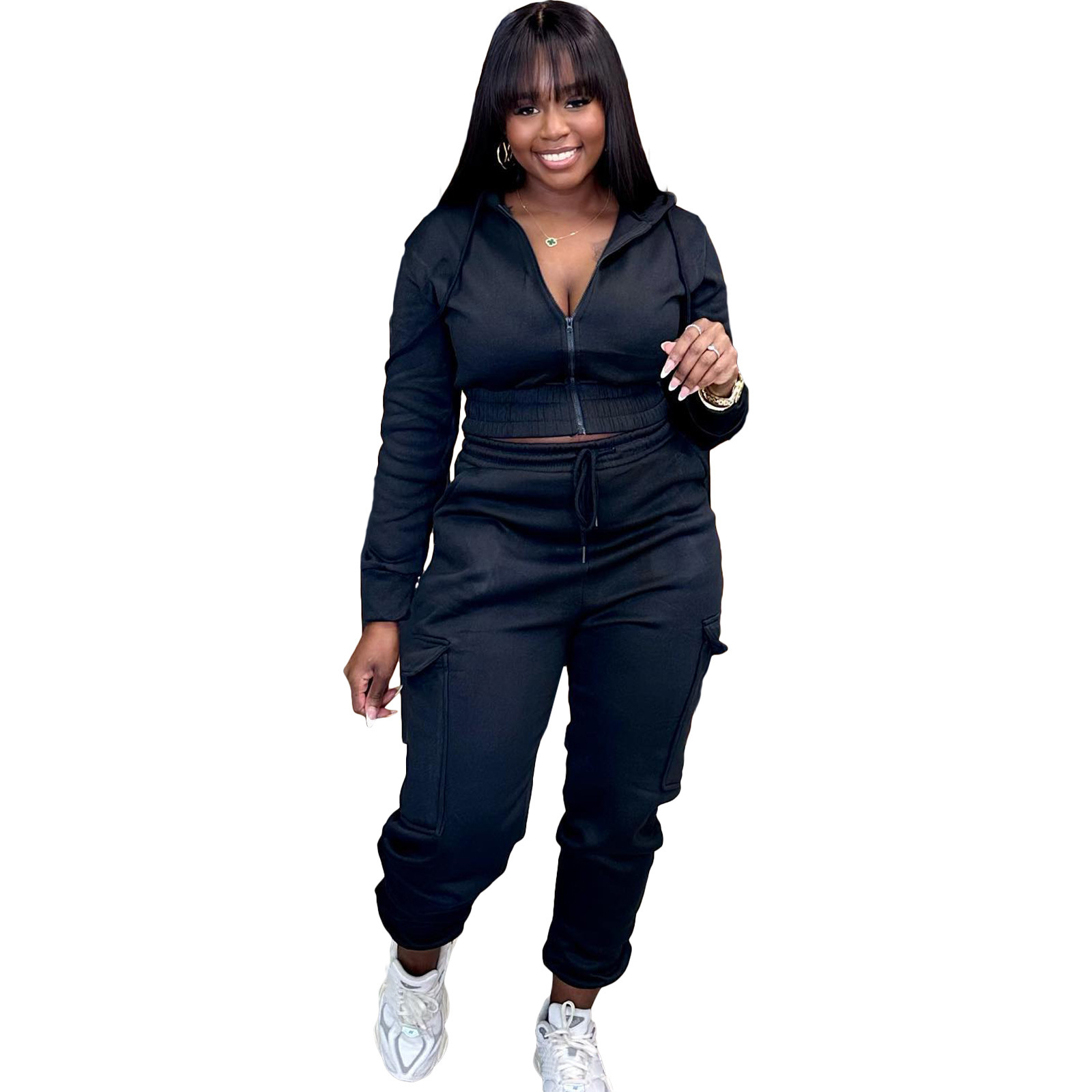 Abbigliamento da donna più tuta in felpa di velluto con tasca, completo in due pezzi tinta unita_voghion.com