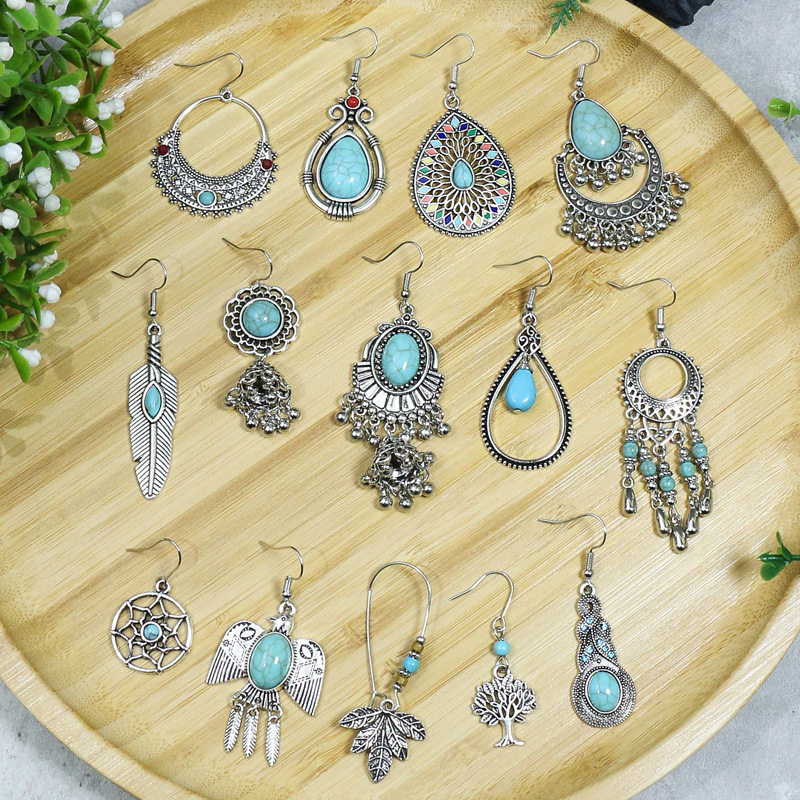 Wholesale Jewelry Bohemian Round Water Droplets Arylic Turquoise Tassel Hollow Out Inlay Drop Earrings display picture 5