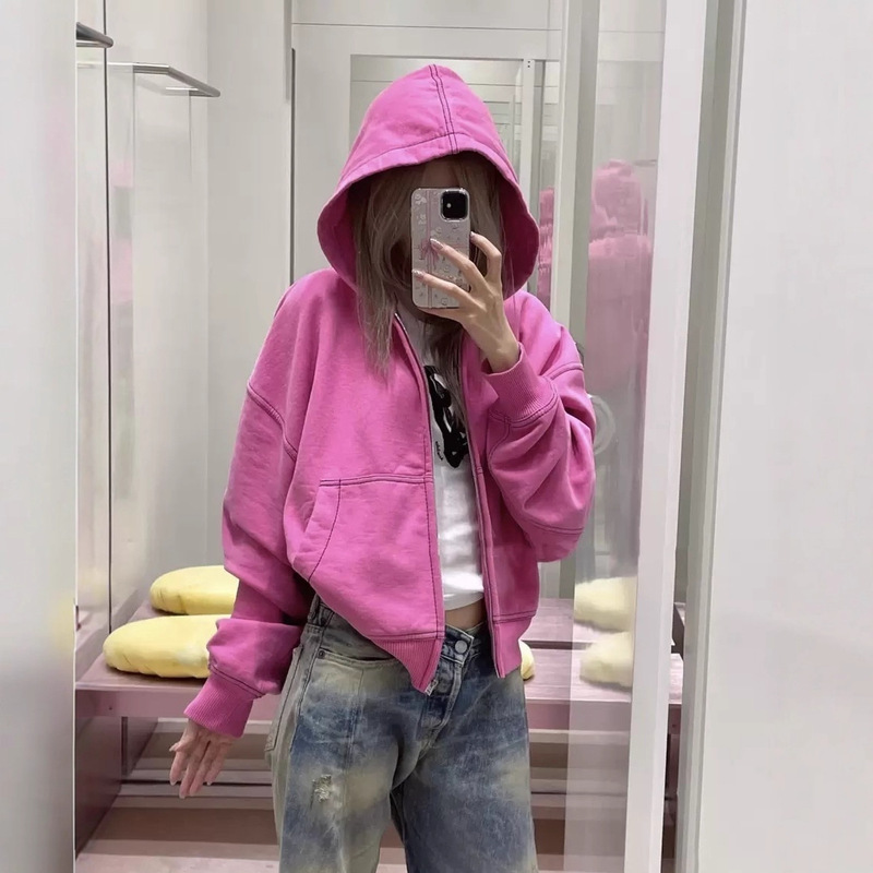 Nanyou Quality Ac Style 25 Autumn New Contrast Line Letter Hooded Zipper Long-Sleeved Jacket Loose Sweatshirt