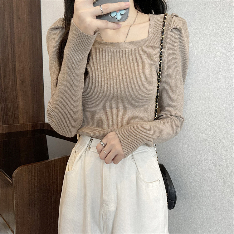 Square-Neck Base Shirt for Women, 2025 Autumn and Winter New Style, Knitted Low-Neck Sweater, Short Black Puff-Sleeve Top, Trendy
