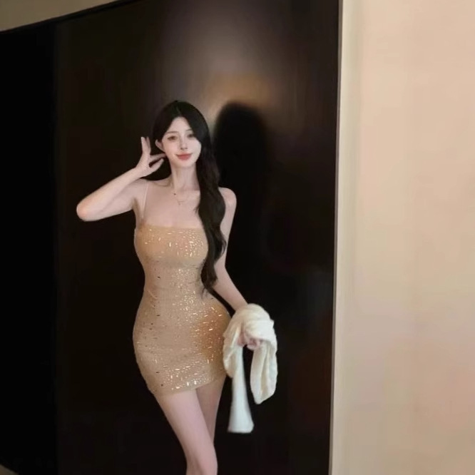 Sexy Slim-Fit Elegant High-End Sequin Strap Dress Plus-Size New Short Dress Long Dress