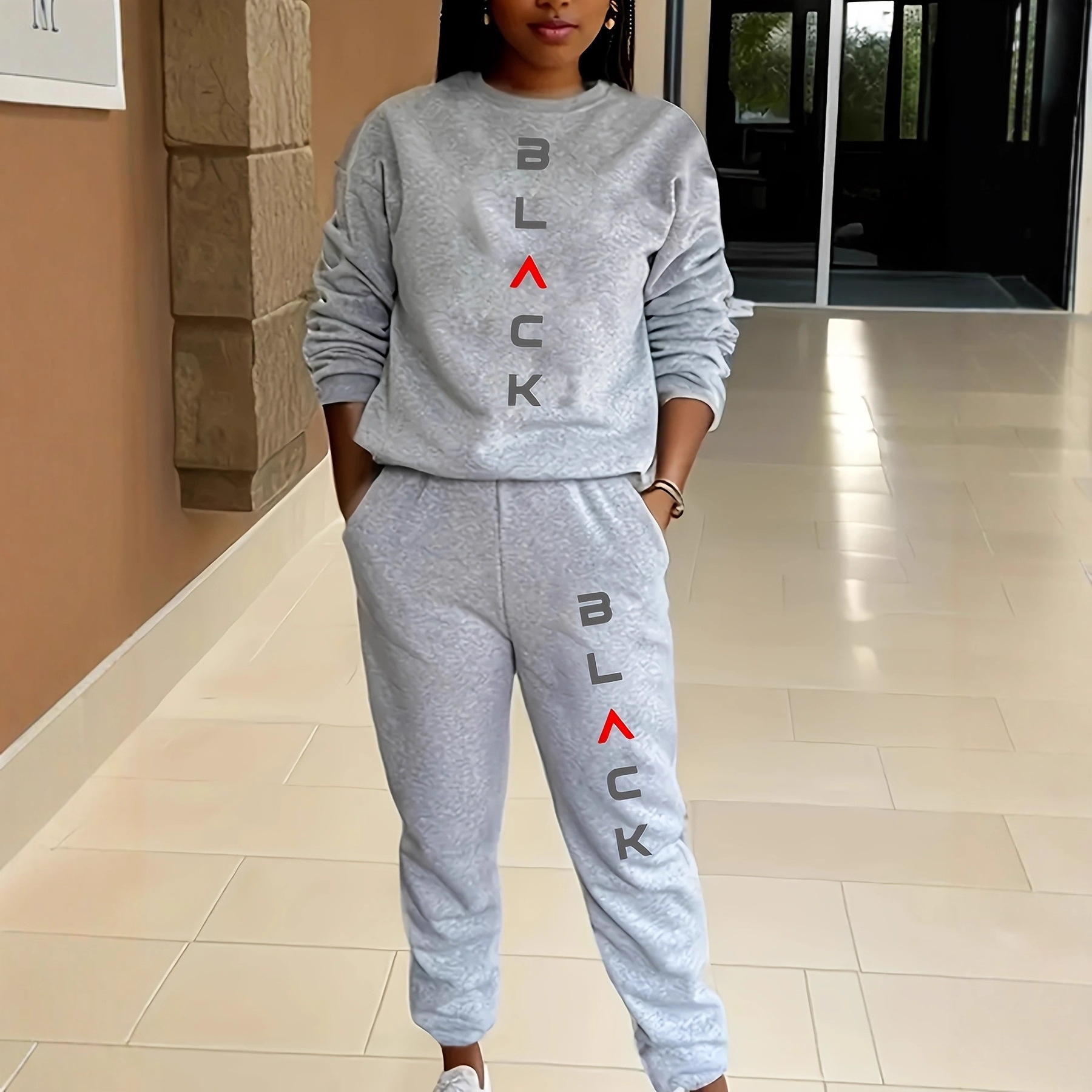 Women's Clothing Women's Fleece Lined Sweatshirt Set Style Two Piece Crew Neck Casual Printed Sweatshirt_ecoleips.com