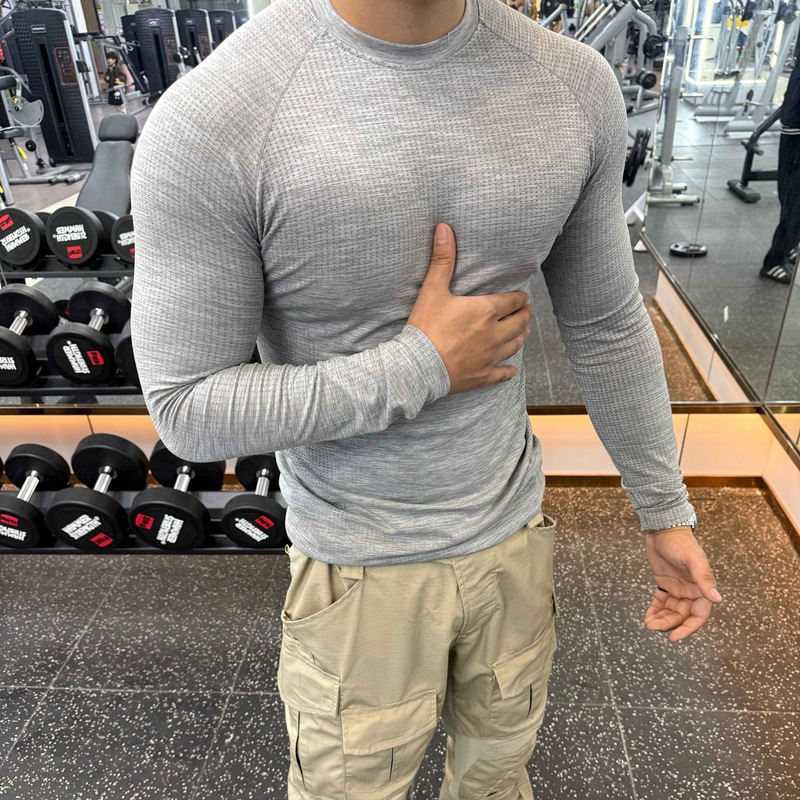 American Casual Seamless Jacquard Sports Long-Sleeved Men's Slim Breathable T-Shirt Quick-Drying High-Elastic Fitness Training Top