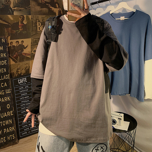 Men's Pure Color Long-Sleeve T-Shirt Top, Casual Two-Piece Blouse, Spring and Autumn Season Trendy Loose Fit Underwear Fashion, Instagram Style Body Shirt