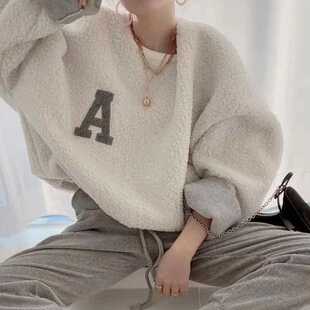 in stock South Korea chic2024 Autumn Round Neck Embroidered Letter Pullover Loose Lamb Wool Warm Sweatshirt #0