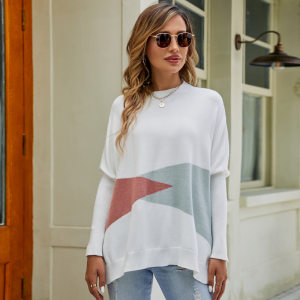 product - wholesale Loose Sweater Autumn Winter Wild round Neck Sweater Contrast Color Batwing Sleeve Pullover Sweater - 1
