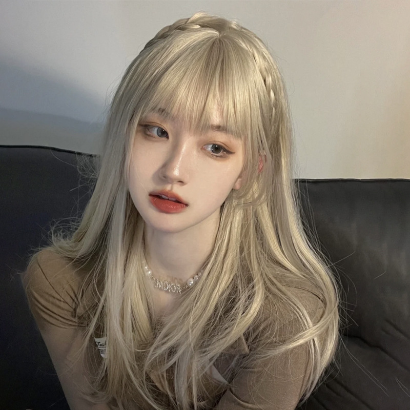 Anchor Female Group Same Style Wig Female Long Hair Sweet Cute Light White Gold Natural JK Long Straight Hair Internet Celebrity Full Head Cover