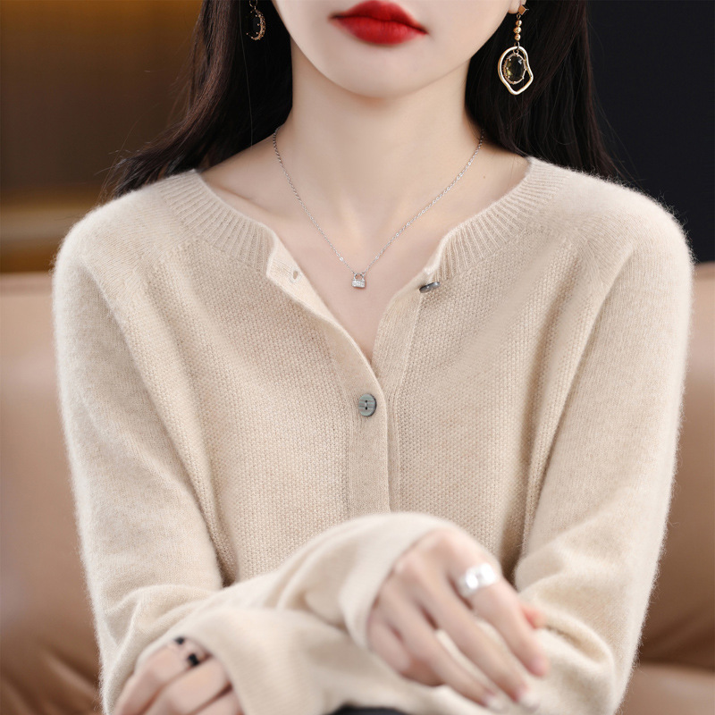 First-Line Clothing 100 All Wool Knitted Cardigan Women's Autumn and Winter New Loose Jacket All-Match Comfortable Sweater Trendy