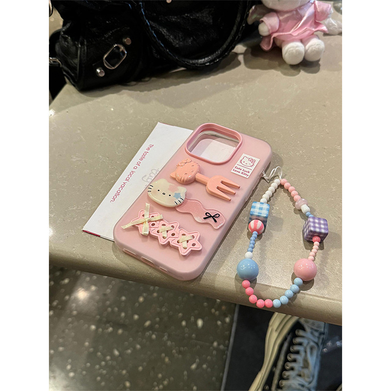 Cute girl powder three-dimensional kt cat tableware for iPhone15promax apple 14 mobile phone case 13 new 12