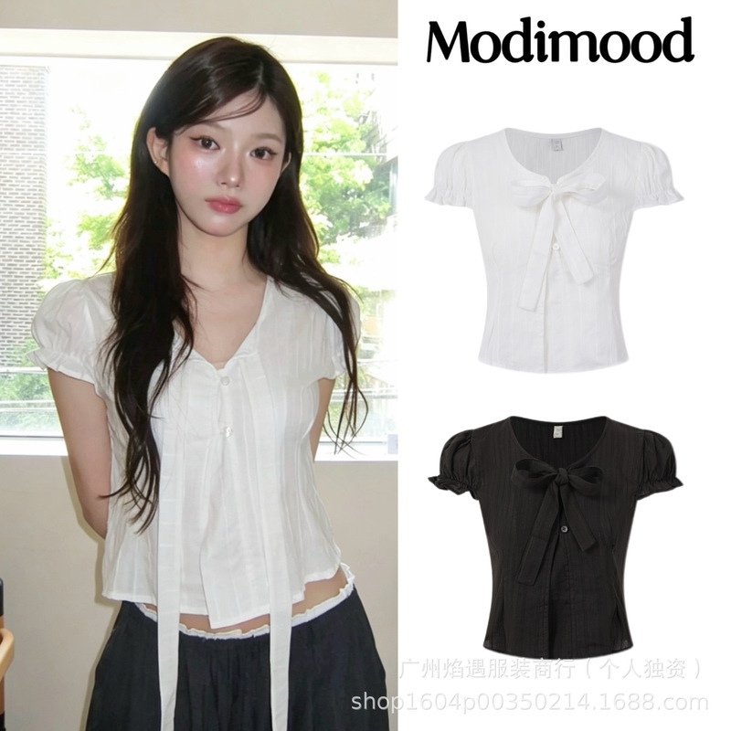 In-Stock Korean Modimood Ribbon Shirt with Bow Puff Sleeves, Korean-Style Short Top, Slim Fit, Trendy for Women, Summer