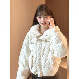 韩系甜美风波点毛领羽绒棉服外套女秋冬季宽松加厚保暖短款面包服