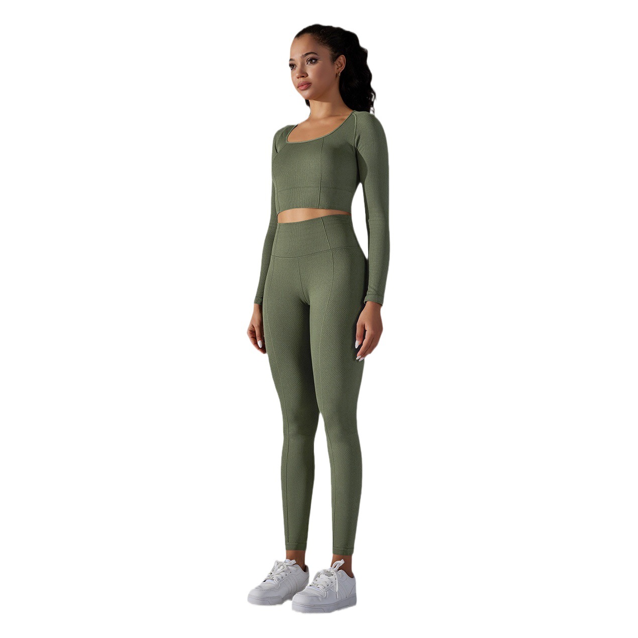 Transfronterizo europeo y americano sin costuras de punto de color sólido Jacquard de corte bajo apretado de manga larga ropa de yoga traje deportivo de fitness traje de dos piezas