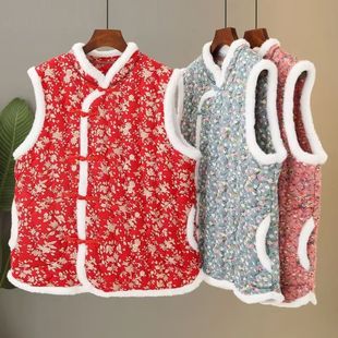 New Ethnic Cotton-Padded Jacket Vest, Stylish Winter Women's Thickeneded Chinese Retro Waistcoat Mother's Floral Warm Vest