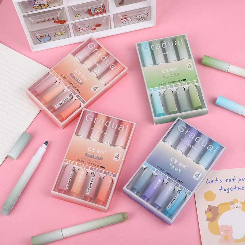 Fluorescent Gradient Highlighter Set, 4‑Pack Pastel Shades, large-capacity & eye-friendly