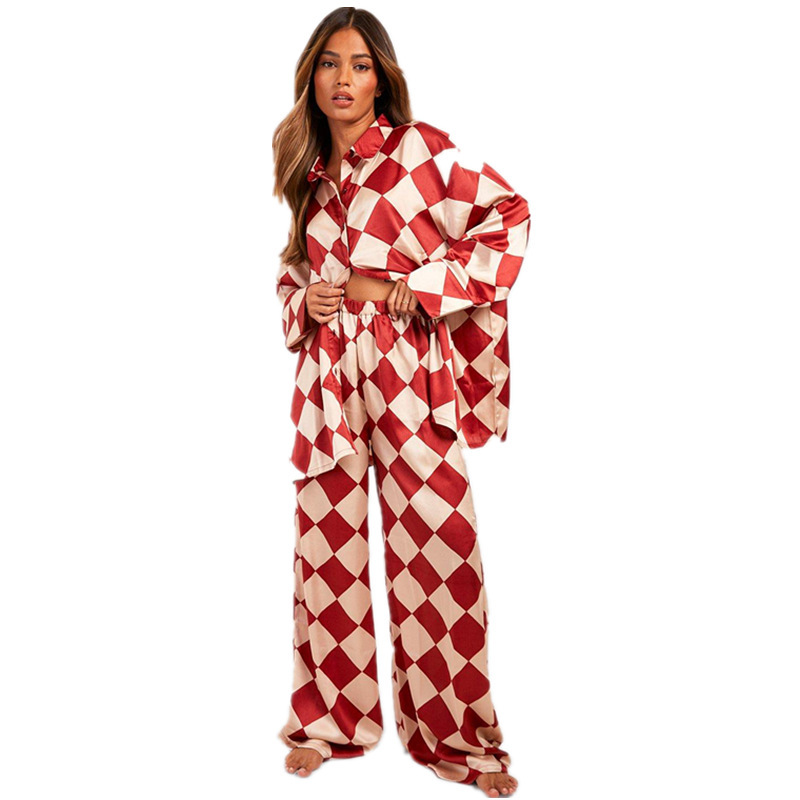 Cross-border Women's New Loose Ice Silk Pajamas Women's Long-sleeved Simple Casual Home Clothes