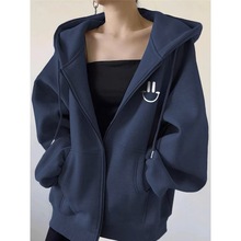 外贸爆款笑脸刺绣薄款外套女2024秋冬季新款宽松大码连帽拉链卫衣