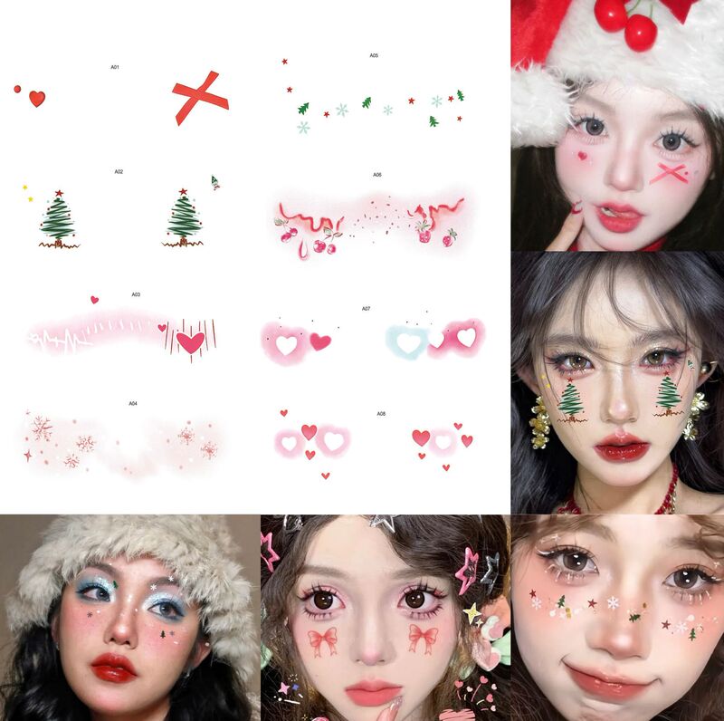 Christmas Stickers Pine Tree Heart Cartoon Plant Face Stickers Water Transfer Disposable Snowflake Flower Holiday Tattoo Stickers Christmas Stickers Pine Tree Heart Cartoon Plant Face Stickers Water Transfer Disposable Snowflake Flower Holiday Tattoo Stickers