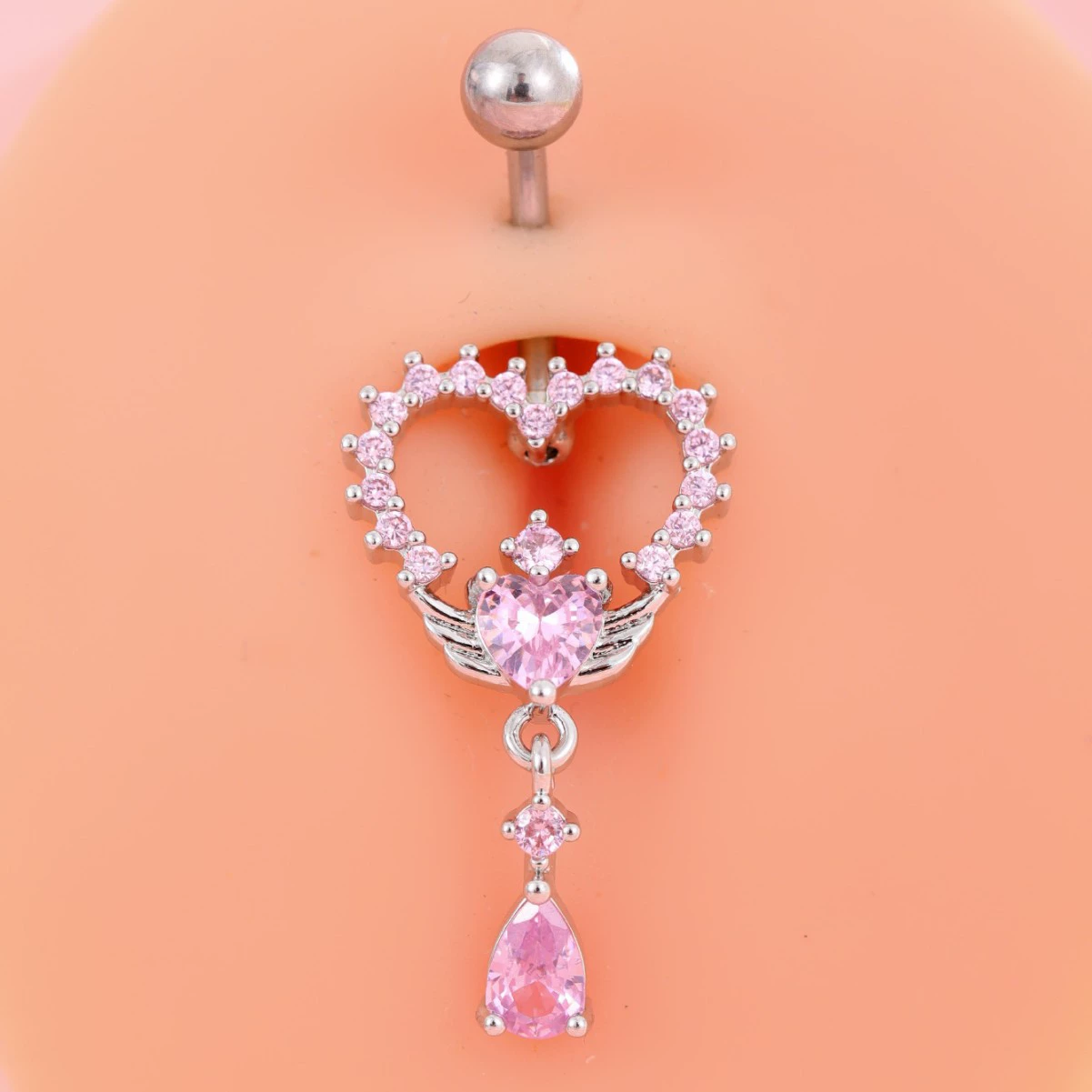 Fuchsia belly button piercing with bow, pendant drop-shaped, European style