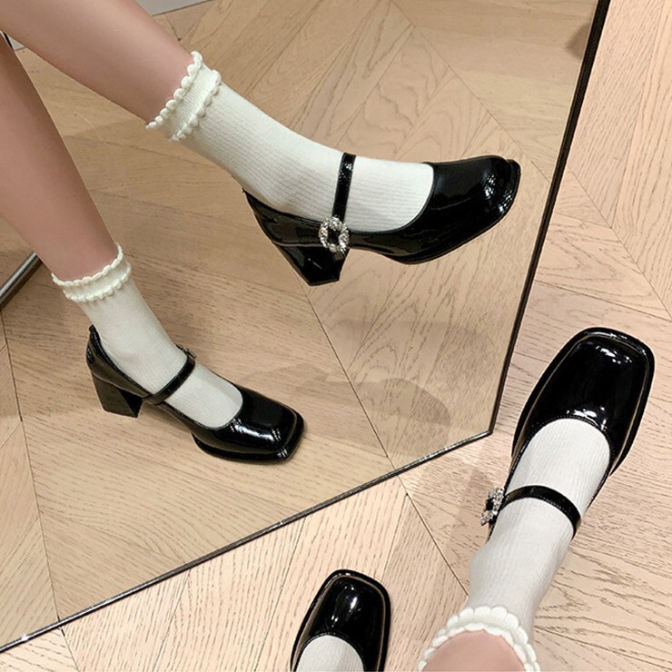 羊皮版~真皮粗跟法式复古水钻玛丽珍鞋女高跟鞋一字扣浅口jk单鞋|undefined