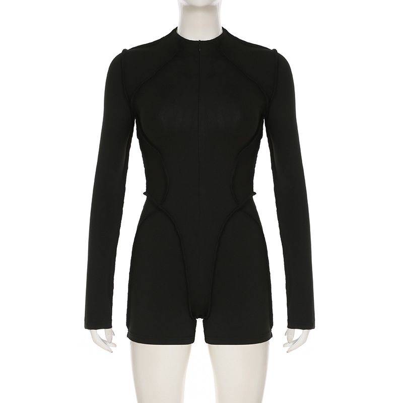Women Clothing Spring Autumn Long Sleeve Reverse Car Split Zipped round Neck Casual Sports Jumpsuit Shorts