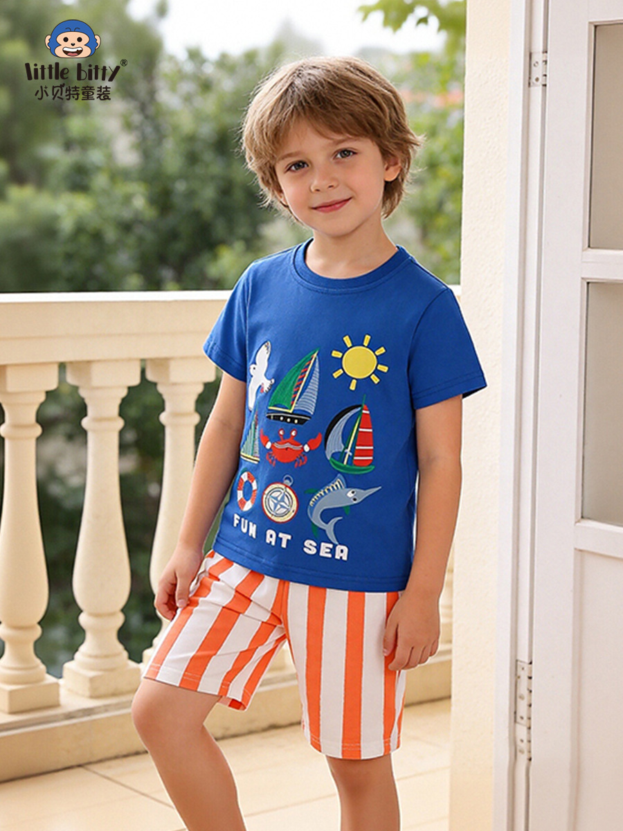 Cross-Border Supply 26 Years of Experience in Spring and Summer Children's Clothing Sets, Cartoon Ocean Print Round Neck Two-Piece Sets for Small and Medium-Sized Children, In-Stock Children's Clothing