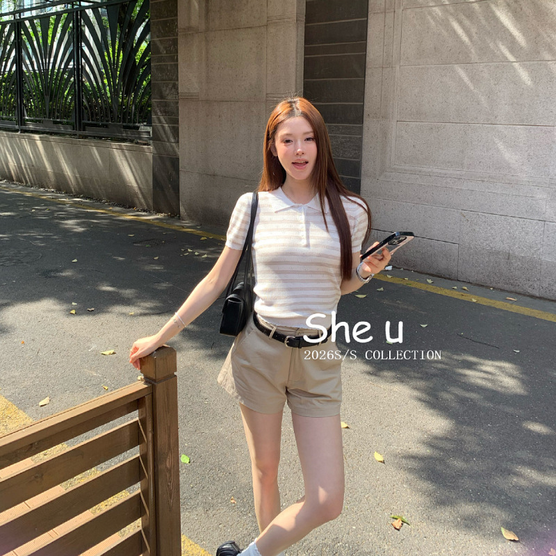 She U Thirteen Lines American Retro Striped Polo Collar Knit Sweater 2026 Summer Versatile Slimming Wool Top