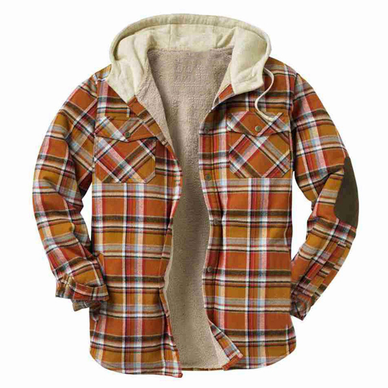 2024 Herren Herbst/Winter Kariertes Bedrucktes Kapuzenhemd mit Dicker Samtjacke_voghion.com