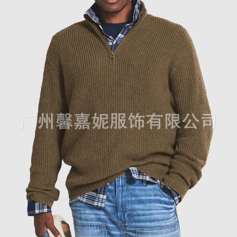 Новинка осени-зимы 2025: мужской свитер свободного кроя в деловом стиле с воротником-стойкой на молнии, европейский и американский экспорт, от независимого поставщика Amazon.