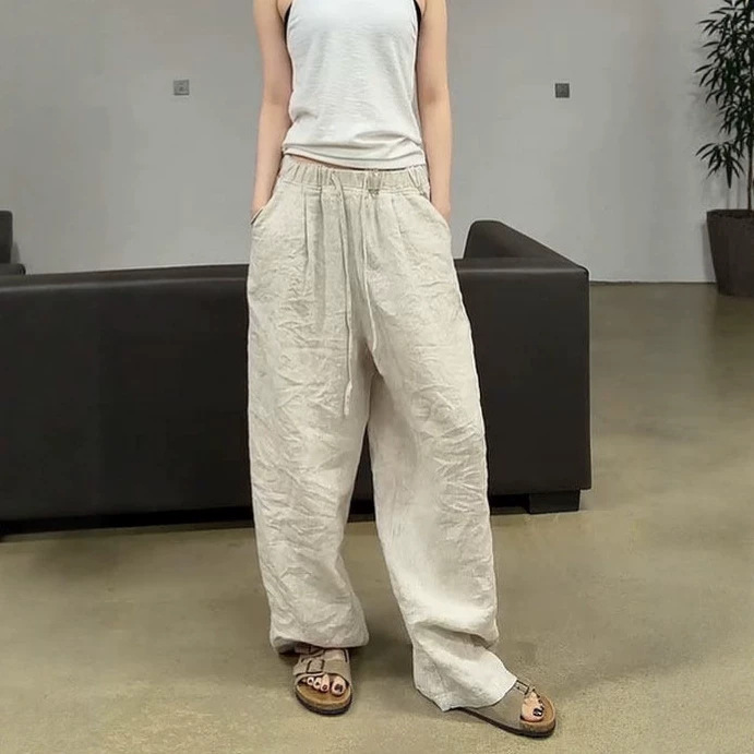 Linen Straight-Leg Casual Pants for Women, Summer New Style, Plus-Size, Pear-Shaped Body, High-Waisted, Loose, Slimming, Drapey Wide-Leg Pants Linen Straight-Leg Casual Pants for Women, Summer New Style, Plus-Size, Pear-Shaped Body, High-Waisted, Loose, Slimming, Drapey Wide-Leg Pants