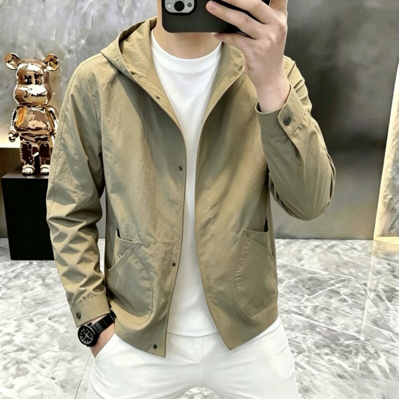 Spring and autumn men's cardigan hooded jacket, solid color, side pockets, long sleeves, casual, fashionable, versatile, niche outerwear, trendy and stylish Spring and autumn men's cardigan hooded jacket, solid color, side pockets, long sleeves, casual, fashionable, versatile, niche outerwear, trendy and stylish