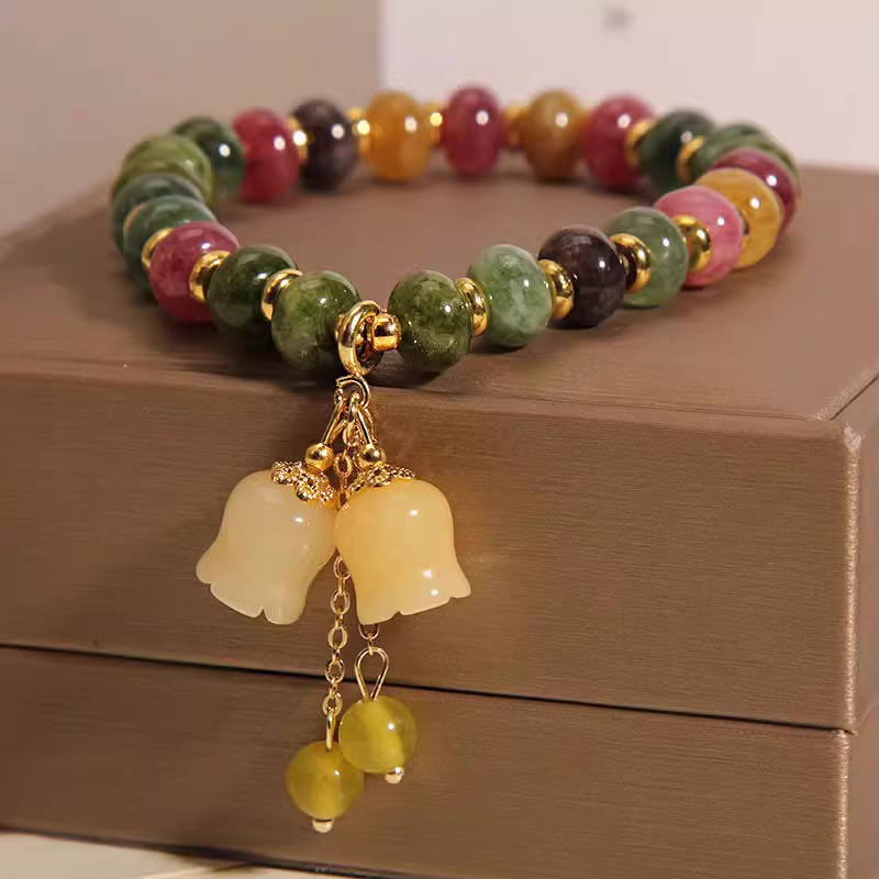 Cuentas de ábaco de turmalina + orquídeas de campana