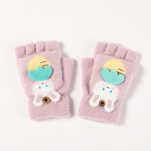 Knitted warm children's gloves with yarn cover, half-finger, full-fleece, thickened, cute cartoon style, for middle school students