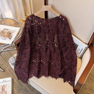 Angora Red Hollow-out Long-sleeved Lace Shirt Top plus size Women's Early Autumn High-end Loose Slimming Overshirt