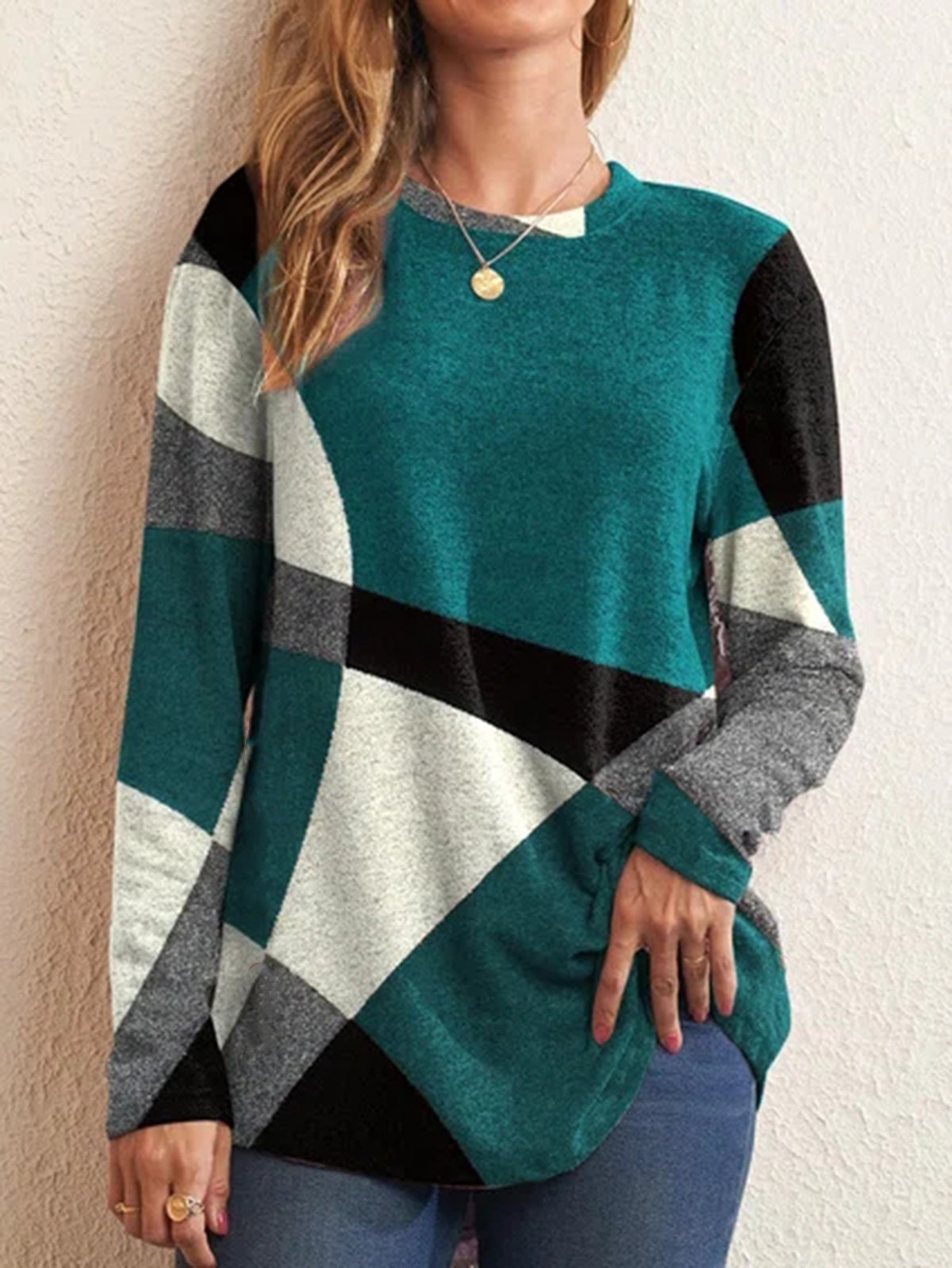 Fashion Geometric Cotton Blend Round Neck Long Sleeve Regular Sleeve Printing Patchwork T-shirt display picture 6