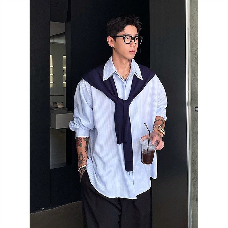 300斤加大码条纹衬衫男秋季披肩设计感老钱风假两件长袖衬衣|undefined