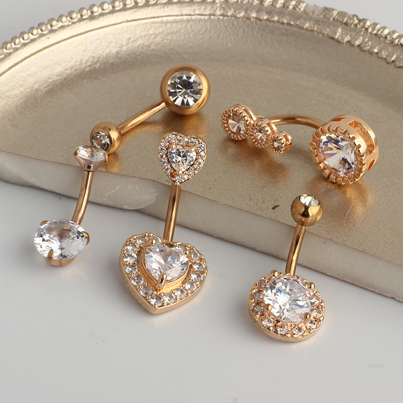 Heart Shape Rose Gold Navel Ring Stainless Steel Zircon Belly Button Ring Body Piercing Jewelry detail image 7