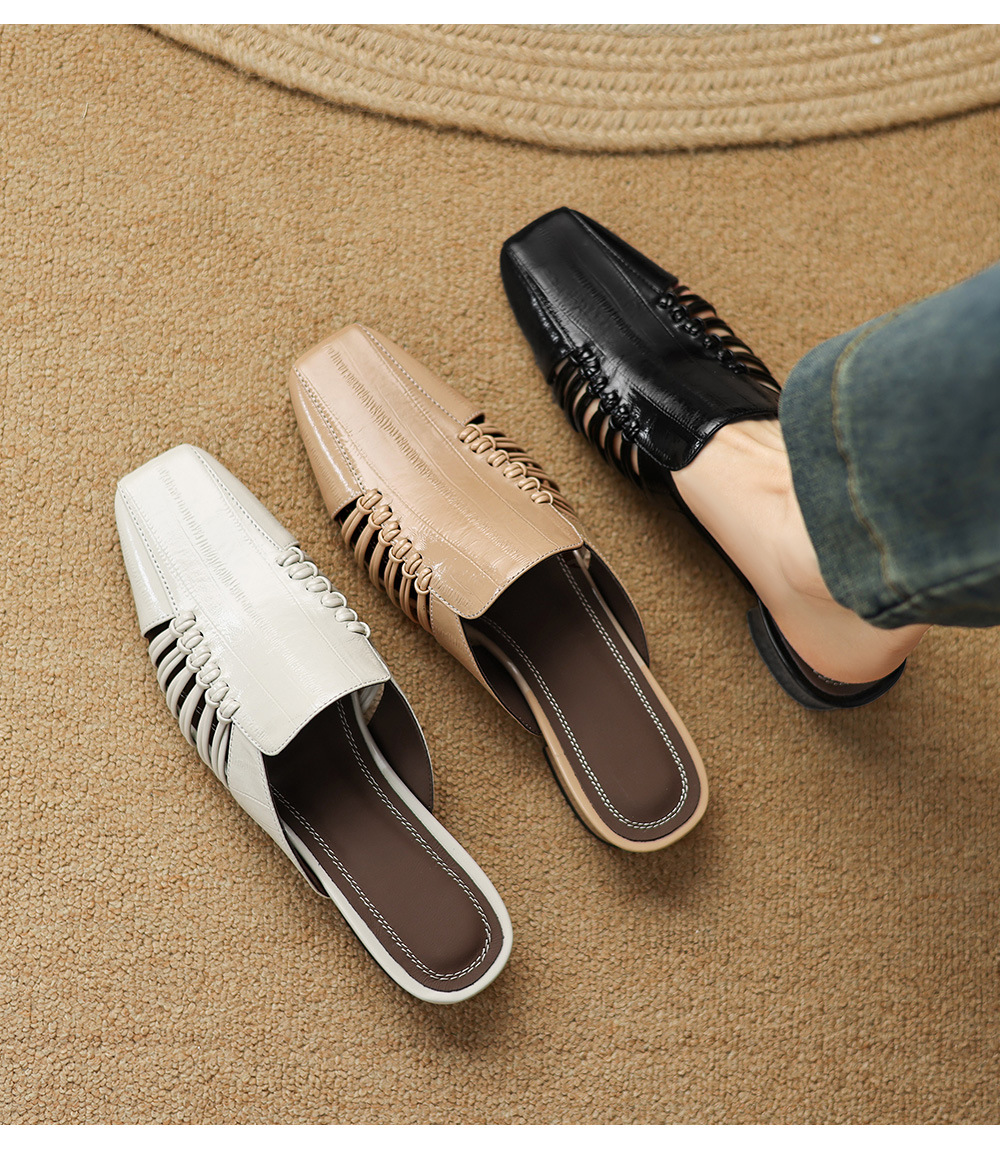 Dép sandal nữ quai chữ V bệt mũi tròn phong cách vintage — đen chi tiết 2