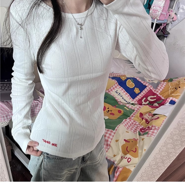韩系白色提花肌理感长袖针织衫T恤女秋季修身显瘦刺绣内搭上衣ins|undefined