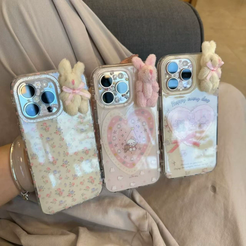Чехол для телефона (Apple iPhone 16 Pro) 3D кролик-плюшевый кулон, прозрачный милый совместимый с iPhone 13–16