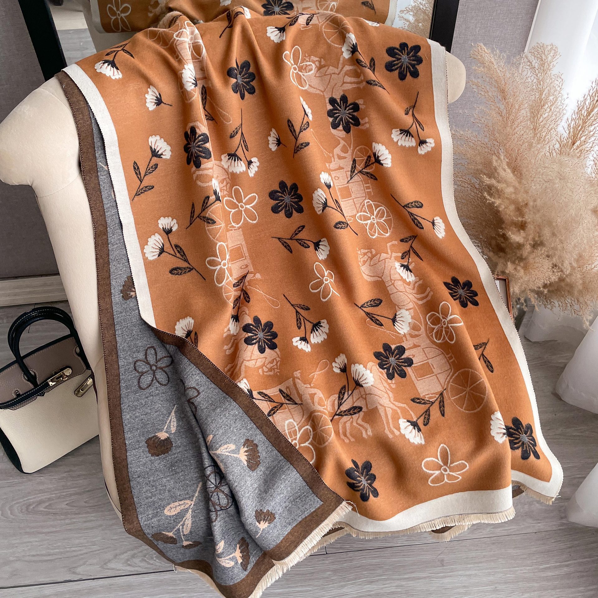 2023 otoño e invierno nuevo artístico retro flor patrón bufanda de Cachemira engrosada alargado chal caliente para las mujeres