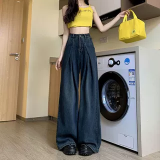 美式褶皱阔腿牛仔裤女2025早秋夏季新款高腰宽松直筒显瘦拖地长裤