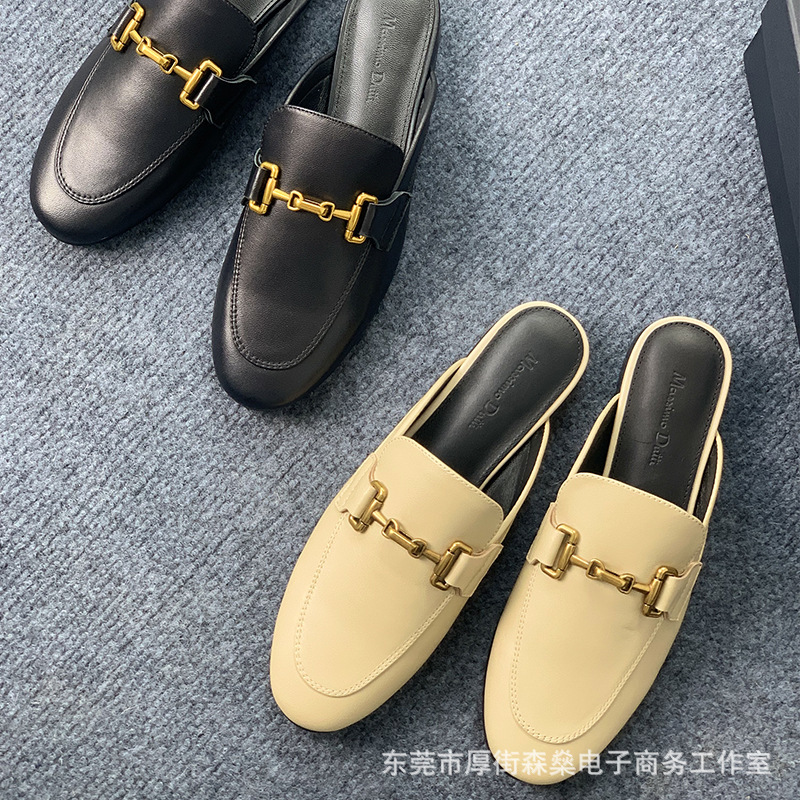 Original Foreign Trade Women's Shoes Comfortable Flat Leather Muller Shoes All-match Slip-on Lazy Men's Casual Slippers with Horse Buckle